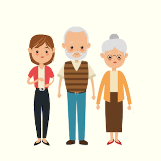 3 أشخاص بالغين - زوجان مسنان (80 عامًا) يتمتعان بصحة جيدة/قادران وابنة - 30 عامًا